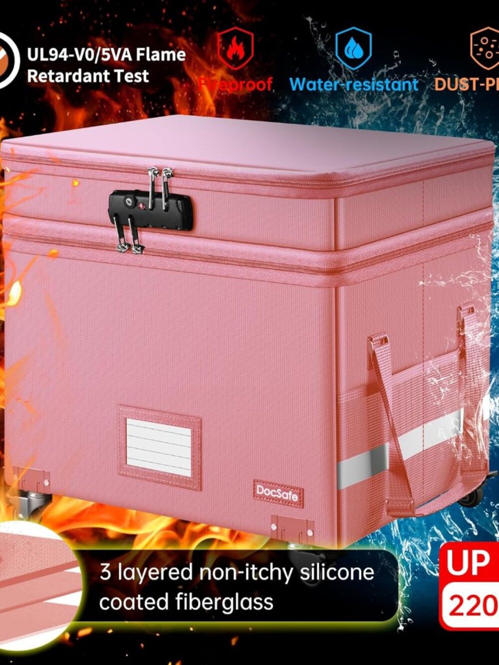 File Box with Lock,2-Layer Fireproof Document Box with Wheels,Collapsible Rollin - Picture 5 of 9